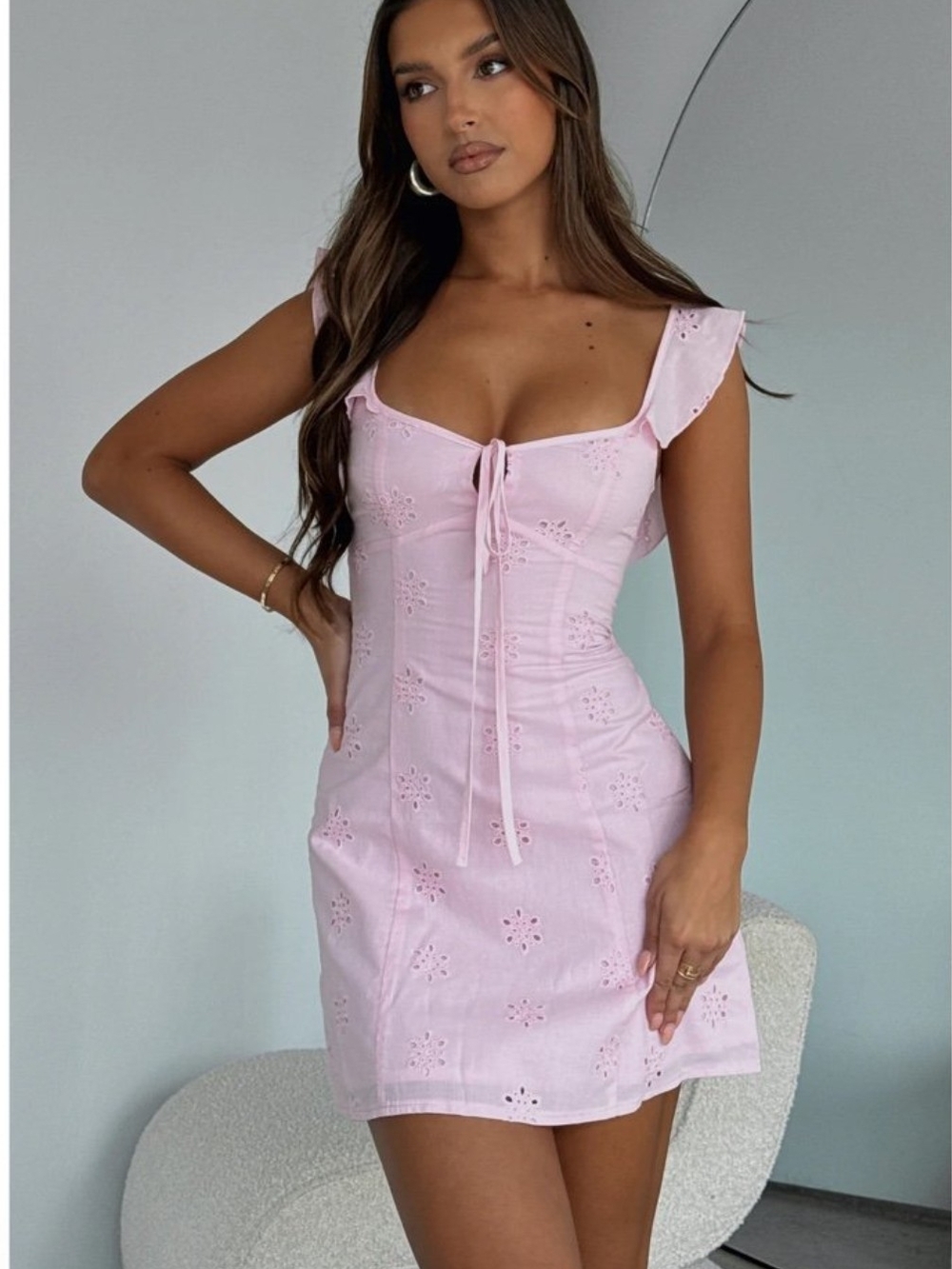 White Fox Light Pink Eyelet Tie-Front Mini Dress Size M